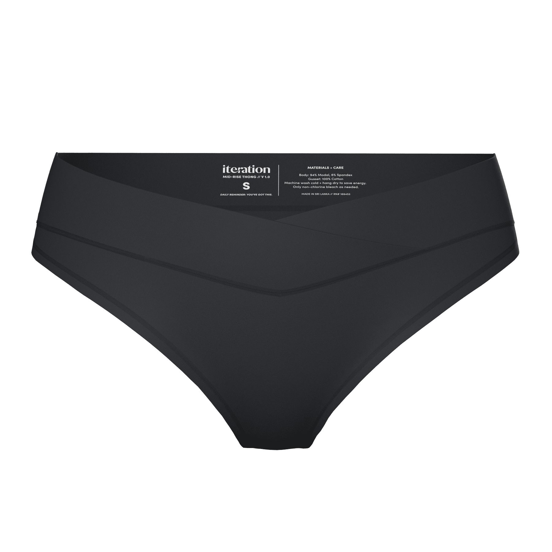 Mid-Rise Thong with Ultra Comfortable V-Front Waistband | Onyx underwear, intimate apparel iteration